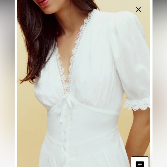 new Reformation Ketra puff sleeve button up lace trim midi dress in white cotton - Picture 2 of 11